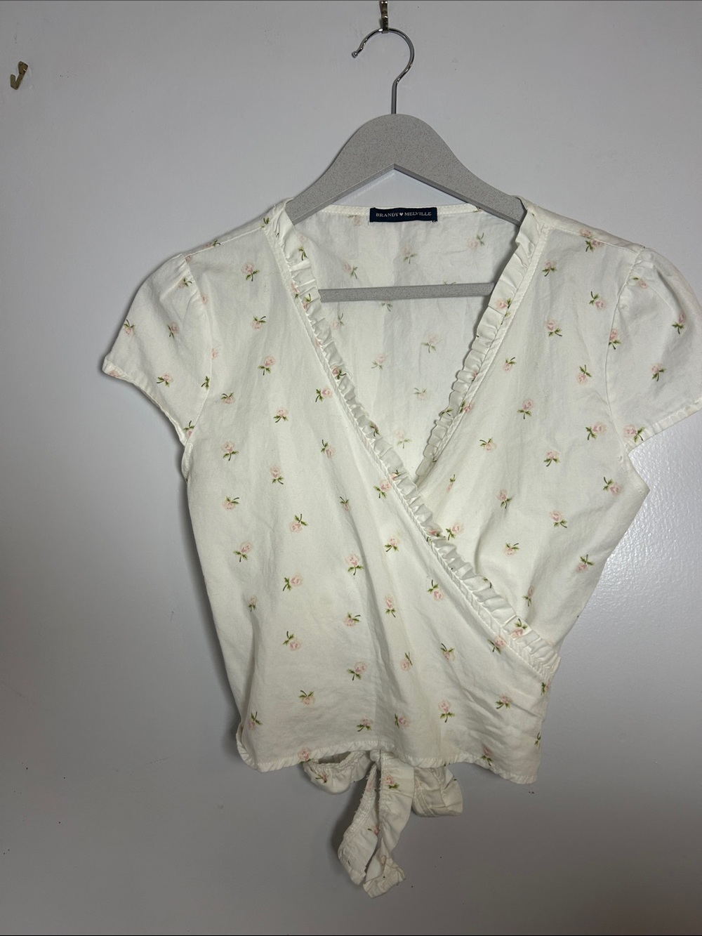 Brandy Melville Cream Wrap Blouse with Pink Floral Print